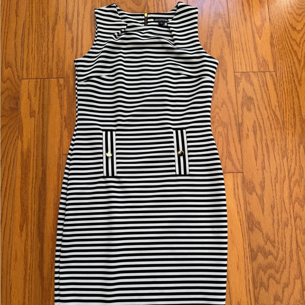 Nina Leonard Black and White Striped Dress Small S Work Attire